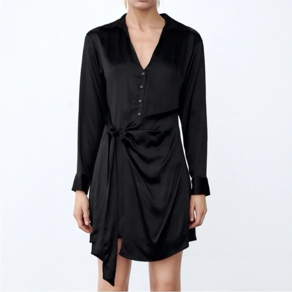 Zara Black Satin Long Sleeve Wrap Collared Short Dress Size XS